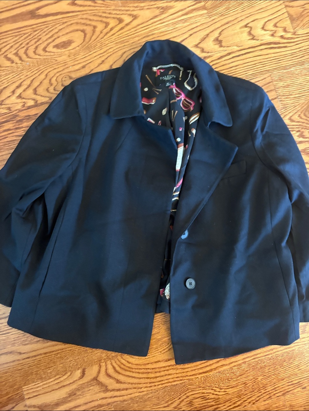 Talbots Black Blazer with Decorative Printed Lining buttons pockets